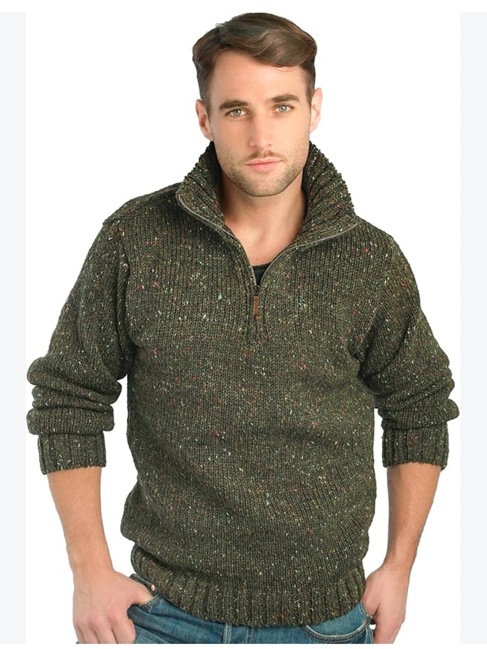 Aran Crafts Men's Irish Cable
Knitted Wool Half Zip Sweater In Green Size Small
